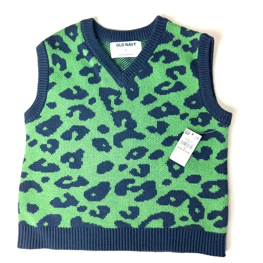 Old Navy Green and Blue Leopard Print Sleeveless V Front Sweater Vest   Sz 2T